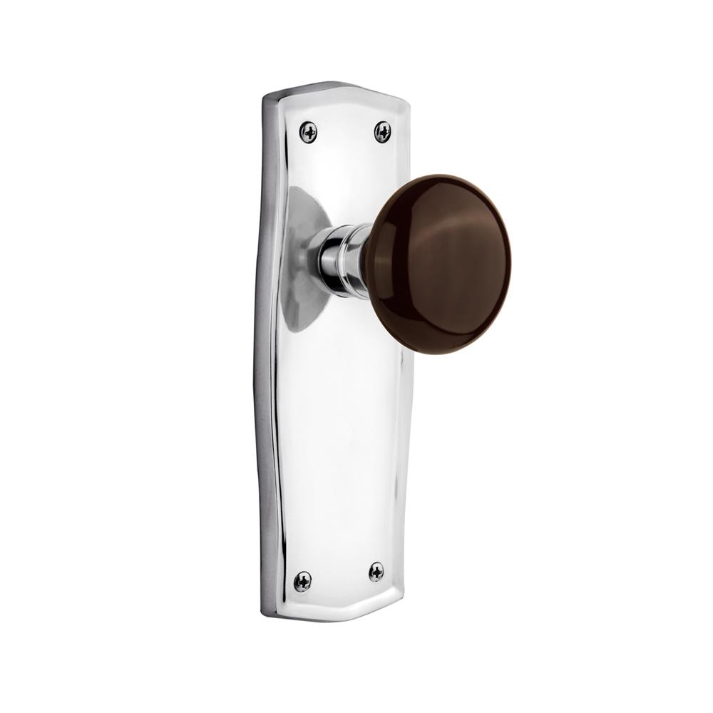 Nostalgic Warehouse PRABRN Complete Passage Set Without Keyhole Prairie Plate with Brown Porcelain Knob in Bright Chrome